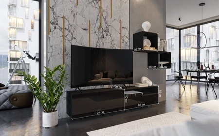 Meblościanka Mesini biała / biały połysk nowoczesna meblościanka do salonu praktyczny system otwierania szuflad push to open