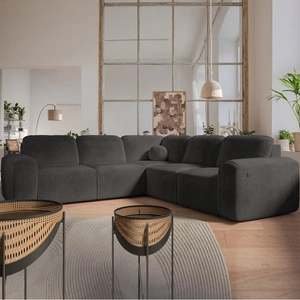 Narożnik z funkcją spania Arbon III grafitowy prawostronny wyjątkowo stylowy narożnik z pojemnikiem na pościel unikalny obły kształt