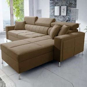 Narożnik z funkcją spania Nausa jasny brąz prawostronny velvet stylowy komfortowy narożnik regulowane zagłówki pojemnik na pościel