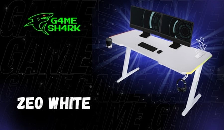 Biurko gamingowe Zeo biały / czarny designerskie i ergonomiczne biurko antypoślizgowy karbonowy blat w całości pokryty podkładką oświetlenie LED