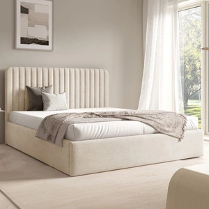 Łóżko tapicerowane Faro 160x200 kremowe wygodne łóżko do sypialni designerskie wezgłowie o subtelnie zaokrąglonym kształcie