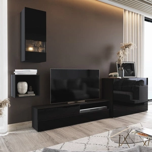 Meblościanka Pylos czarna / czarny połysk nowoczesny design system otwierania drzwi i szuflad push to open zestaw mebli z komodą