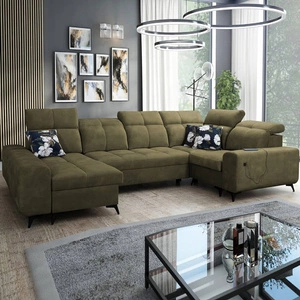 Narożnik z funkcją spania Buffalo IV oliwkowy lewostronny stylowy narożnik rozkładany z dwoma pojemnikami na pościel welurowa tkanina