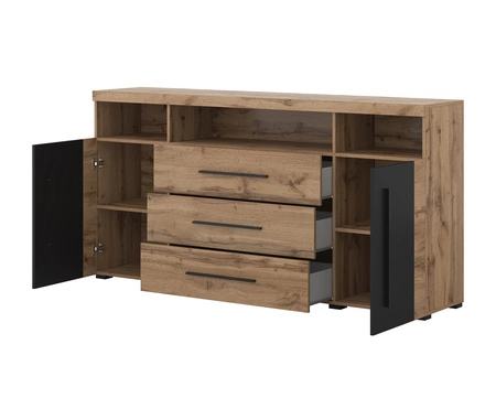 Komoda z szufladami Roger 182 cm dąb wotan / czarny elegancka stylistyka komody wzbogacona o stylowe czarne dodatki idealna do salonu sypialni