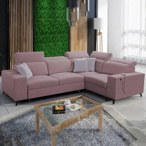 Narożnik z funkcją spania Kelly Sleek II lawendowy róż prawostronny elegancki narożnik do salonu wykonany z plecionej tkaniny