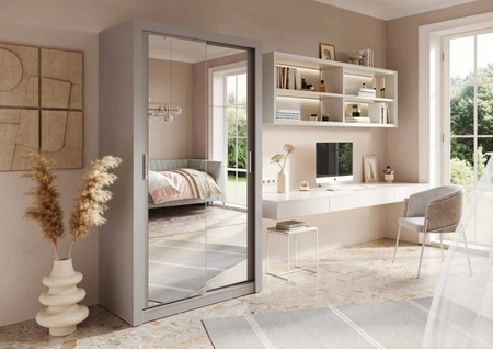 Szafa przesuwna z lustrem Arti 120 cm szara pojemna szafa do przedpokoju drzwi szafy wykończone lustrami w ciekawej konfiguracji