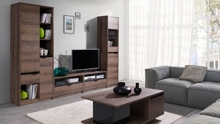 Szafka RTV Denver 90 cm dąb monastery / czarny połysk prosta konstrukcja szafka pod telewizor z szufladą minimalistyczny design