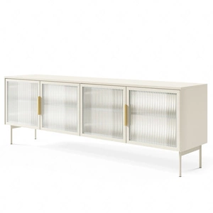 Szafka RTV Lumi 181 cm beżowa designerska stylistyka szafki pod telewizor z przeszklonymi frontami i klimatycznym oświetleniem ledowym