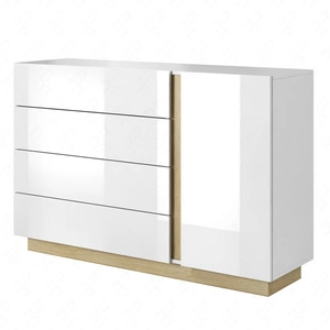 Komoda z szufladami Adria 138 cm biały połysk / dąb grandson nowoczesny design mebla obrzeża komody wykończone specjalną okleiną ABS
