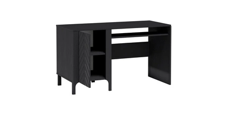 Biurko Malumi 135 cm czarne doskonałe biurko do domowego biura dekoracyjny wzór jodełki na froncie mebla system push to open