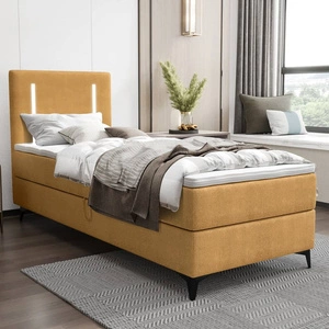 Łóżko kontynentalne Norco 90x200 żółte stylowe łóżko z pojemnikiem na pościel oświetlenie umieszczone w zagłówku nadaje wyjątkowości