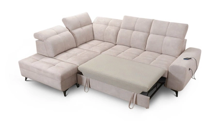 Narożnik z funkcją spania Buffalo VII miodowy lewostronny stylowy narożnik rozkładany z pojemnikami na pościel welurowa tkanina