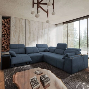 Narożnik z funkcją spania Tesalia III Lux niebieski lewostronny komfortowy narożnik z wysuwanym podnóżkiem funkcja przesuwanego oparcia