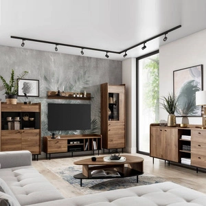 Zestaw mebli Apallo dąb brandy castello nowoczesny design bryły osadzone na metalowych nogach meblościanka do salonu wysokie ranty blatów