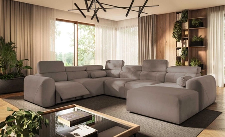 Narożnik z funkcją spania Cantare VIII Lux ciemny beż prawostronny designerski narożnik z elektrycznie podnoszonym podnóżkiem