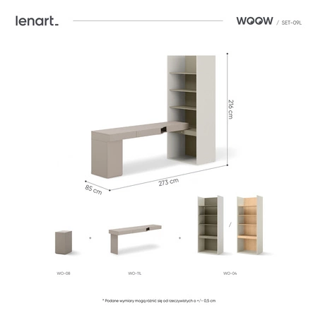 Zestaw mebli Woow clay grey / szampański / eukaliptus lewy praktyczny zestaw mebli idealny dla nastolatka lub do aranżacji biura