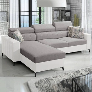 Narożnik z funkcją spania Savona jasny szary / biały lewostronny elegancki narożnik z regulowanymi zagłówkami dekoracyjne przeszycia