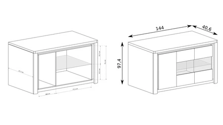 Komoda Livinio 144 cm dąb ribbeck / biały połysk elegancka komoda z przeszklonym frontem i oświetleniem LED idealna do jadalni