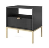 Szafka nocna z szufladą Lovro czarna gustowny ryflowany dekor idealna szafka do sypialni złote metalowe dodatki