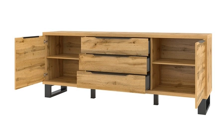 Komoda z szufladami Halle 201 cm dąb wotan funkcjonalna idealna do wnętrz w stylu industrialnym i loftowym stabilna metalowa podstawa