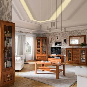 Zestaw mebli do salonu Tade dąb stuletni gustowna stylistyka meble ozdobine subtelnymi ornamentami i wzbogacone metalowymi złotymi uchwytami