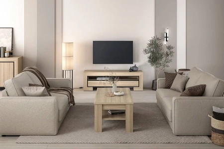 Szafka RTV Cuba 160 cm dąb samdal gustowna stylistyka szafki wzbogacona o stylowe czarne dodatki idealna do salonu frezowane uchwyty