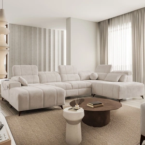 Narożnik z funkcją spania Penejos VI beżowy lewostronny stylowy narożnik rozkładany z dwoma pojemnikami na pościel trwała tkanina