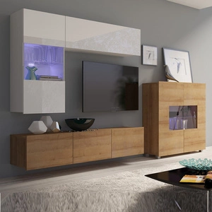 Meblościanka Apulia III biały połysk / dąb złoty wyjątkowo stylowa meblościanka proste bryły wpisujące się w każde wnętrze