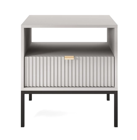 Szafka nocna z szufladą Lovro szara gustowny ryflowany dekor idealna szafka do sypialni złoty uchwyt krawędziowy
