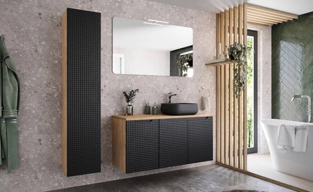 Słupek łazienkowy wiszący Luxor 35 cm dąb olejowany / czarny solidnie wykonana szafka łazienkowa z oryginalnym ryflowanym frontem