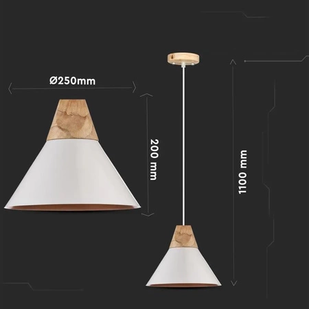 Lampa wisząca Link biała ciekawy design idealna lampa do sypialni z metalowym abażurem przełamana drewnianymi elementami