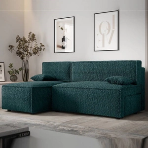 Narożnik z funkcją spania Brandon turkusowy lewostronny miękka tkanina o charakterystycznej pętelkowej powierzchni pojemnik na pościel