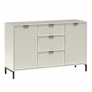 Komoda z szufladami Linka 135 cm beżowa elegancki design geometryczny kształt komoda osadzona na wysokich nogach ryflowany front