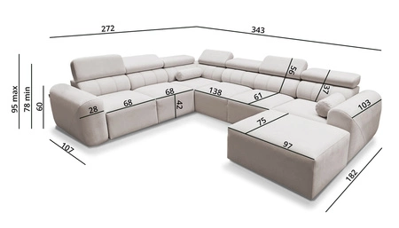 Narożnik z funkcją spania Cantare VIII ceglasty prawostronny gustowny narożnik z regulowanymi zagłówkami pojemniki na pościel