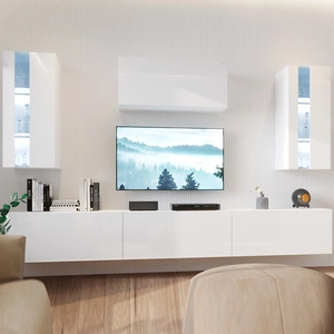 Meblościanka Tembi biała / biały połysk nowoczesny design meblościanka do salonu lub pokoju dziennego system push to open