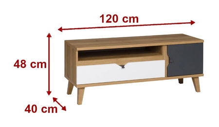 Szafka RTV Memone 120 cm dąb złoty / biały / grafitowy stylowa szafka pod telewizor idealna do pokoju młodzieżowego w stylu skandynawskim