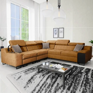 Narożnik z funkcją spania Alcamo III miodowy lewostronny funkcjonalny narożnik z szufladą w boczku dwa pojemniki na pościel