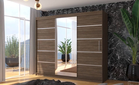 Szafa przesuwna z lustrem Salto 250 cm dąb sonoma czekolada estetycznie wykonana szafa do sypialni ozdobne listwy na frontach