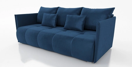 Kanapa rozkładana Selva granatowa funkcjonalna sofa do salonu z pojemnikiem na pościel wykonana z komfortowej tkaniny typu plusz