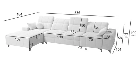 Narożnik z funkcją spania Penejos XII beżowy lewostronny stylowy narożnik z pojemnikami na pościel komfortowe regulowane zagłówki