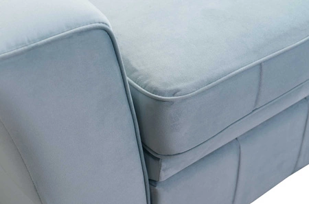 Narożnik z funkcją spania Rava IV błękitny prawostronny velvet komfort podczas codziennego wypoczynku pojemnik na pościel