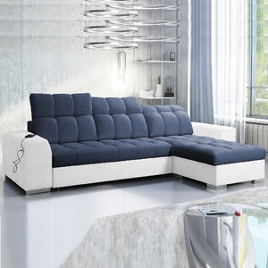 Narożnik z funkcją spania Luigi niebieski / biały prawostronny narożnik z dwoma pojemnikami na pościel tkanina o ciekawej strukturze