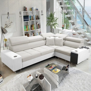 Narożnik z funkcją spania Dafni II kość słoniowa / biały prawostronny velvet narożnik z pojemnikiem na pościel i szufladą w boczku