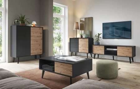 Zestaw mebli Saipan czarny / dąb artisan nowoczesny design meblościanki idealnie wkomponuje się do każdego wnętrza dekoracyjny ryflowany dekor