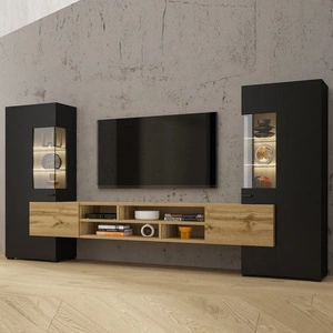 Meblościanka Coby czarna / dąb wotan stylowe meble o ciekawym designie czarne uchwyty meblościanka do salonu elementy z szkła hartowanego