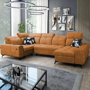 Narożnik z funkcją spania Buffalo IV miodowy prawostronny stylowy narożnik rozkładany z dwoma pojemnikami na pościel welurowa tkanina