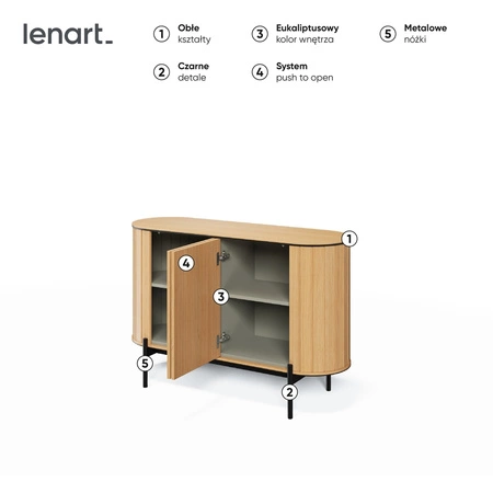 Komoda Rotto 124 cm dąb vincenza nowoczesny design komody o owalnym kształcie bezuchwytowy system otwierania push to open