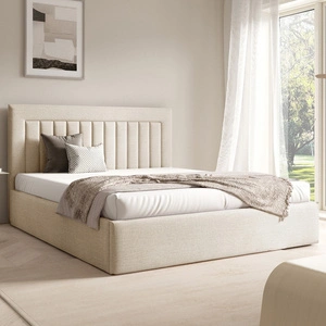 Łóżko tapicerowane Togo 160x200 kremowe eleganckie i funkcjonalne łóżko do sypialni gustowne pionowe przeszycia na wezgłowiu