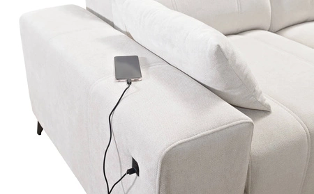 Narożnik z funkcją spania Penejos XII oliwkowy prawostronny stylowy narożnik z pojemnikami na pościel komfortowe regulowane zagłówki