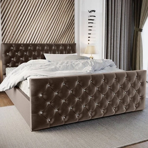 Łóżko tapicerowane Uberaba 160x200 jasny brąz z pojemnikiem w nowoczesnym skandynawskim stylu z pikowanym wezgłowiem i zanóżkiem z kryształkami